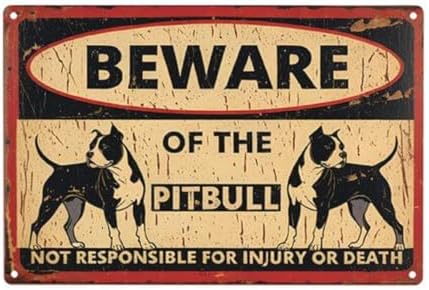 Beware of the Pitbull Metal Tin Sign - 8x12 Inch Rustic Vintage Warning Sign with Bold Red Lettering & Dog Silhouette Design - Durable Outdoor Yard, Garage, Farm, Garden Wall Decor by C-CHAIN