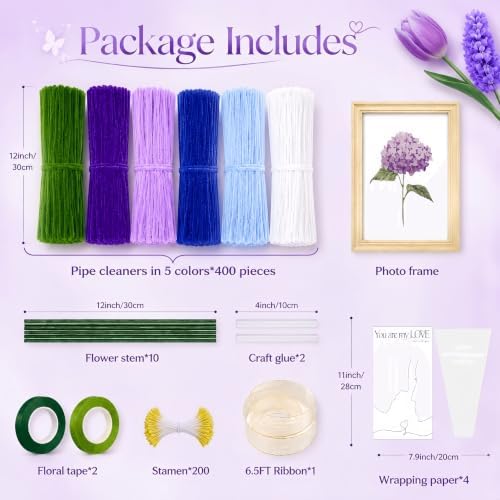 COSILY 400Pcs Pipe Cleaner Flower Kit with Photo Frame, Pipe Cleaners Craft, Chenille Stems Bouquet Making Set for DIY Floral Art, Creative Handmade Art Crafts Gifts for Kids and Adults - Image 2