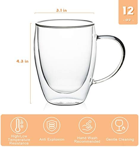 MEWAY 12oz/6 pack Coffee Mugs,Clear Glass Double Wall Cup with handle for Coffee, Tea, Latte, Cappuccino (12 oz，6) - Image 2