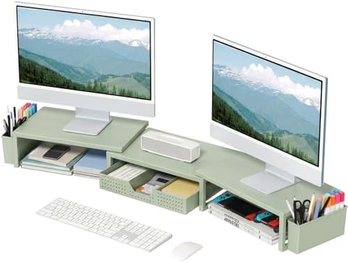 OPNICE Desk Organizers and Accessories, Dual Monitor Stand Riser with Drawer and 2 Pen Holders, Desk Shelf Printer Stand for Office Workspace Organizers, Desktop Organization (Sage Green) by OPNICE