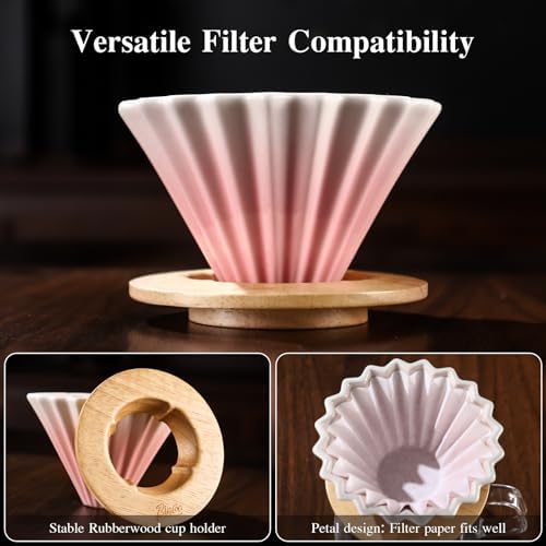 Bincoo Ceramic Coffee Dripper,Pour Over Coffee Dripper with Wood Stand, Flower-shape for 1-2 Cups Slow Brewing Maker for Home Cafe (Pink) - Image 5