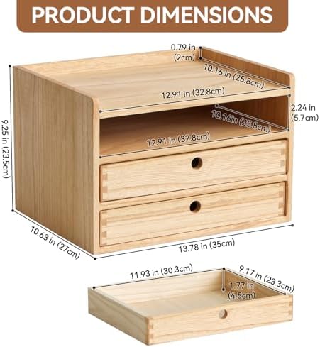 KIRIGEN Wooden Desk Organizer with 2 Drawers and Top Tray, Natural 3D2C-NA - Image 2