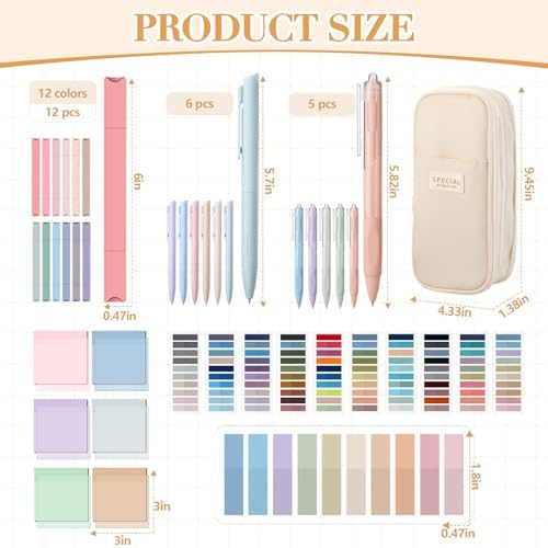 135 Pcs Book Annotation Kit with Pencil Case, 12 Pastel Highlighters, 11 Gel Pens, Fine Marker, 300 Transparent Sticky Notes, 2640 Index Tabs, Bible Study Supplies Kit(Classic,Beige) - Image 3