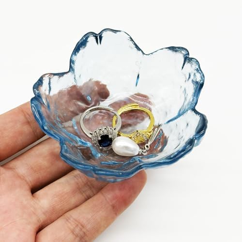 Flower Ring Dish Jewelry Tray, Glass Jewelry Dish Tray, Aesthetic Room Decor Small Trinket Dish, Nightstand Jewlery Ring Holder Dish, Bathroom Jewelry Plate Bowl for Rings Earrings Wife Gift (Blue) - Image 6