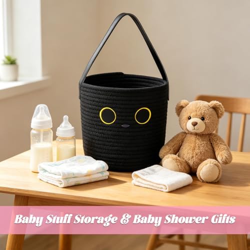 Black Cat Cotton Rope Basket - Cute Baby Woven Basket with Handle for Toys & Baby Stuff, Kawaii Nursery Decor, Baby Gift Box (7.8"x7") - Image 4