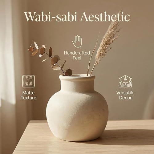 Farmhouse Table Vase, 5.7 Inch Ceramic Pot, Rustic Boho Terracotta Decor for Shelf, Mantel, Bookshelf, Living Room, Handmade Aged Look Centerpiece - Image 3