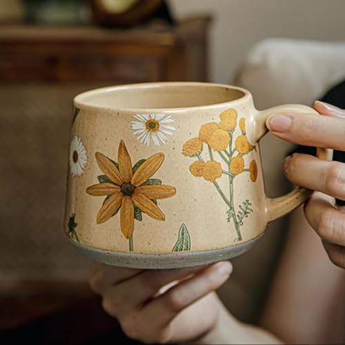 16OZ Ceramic Coffee Latte Mug, Cute Cup for Women, Ideal for Green Tea or Coffee,Hand Painted Floral Design Pottery Mug (sunflower) - Image 2