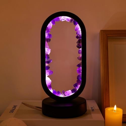 Runyangshi Crystal Lamp Amethyst Raw Stone Ellipse Night Lamp Natural Healing Crystal Night Light Table Lamp Base USB Port 3 Colours Mode for Bedroom Bedside Lamp Office Home Decor Gift by Runyangshi