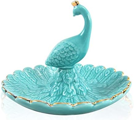 Lependor Cute Animal Ceramic Jewelry Tray Ring Holder Trinket Dish Necklace Earrings Rings Jewelry Organizer Display Jewelry Trinket Holder Home Decoration - Blue Peacock by Lependor