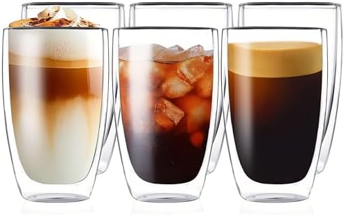 MESNEY 17oz Double Walled Glass Coffee Mugs, Glass Coffee Mugs Set of 6, Insulated Clear Cappuccino Latte Mugs for Home, Cafe & Restaurant, Durable Stackable Drinking Glasses by MESNEY