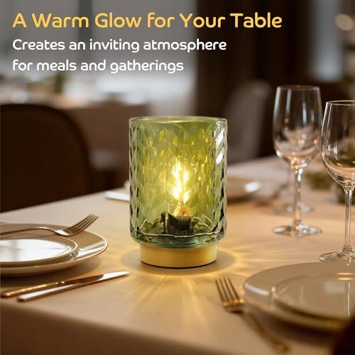 LUSHARBOR Battery Operated Table Lamp, Small Green Glass Lamp Bedside Decor Ambient, Cordless Table Lamp for Bookshelf Desk Living Room Entryway Dorm Wave Design-Green - Image 2