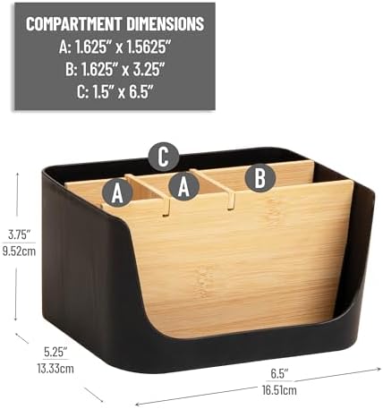 Mind Reader 5-Compartment Desktop Organizer, Adjustable Caddy, Plastic and Wood, Black - Image 3