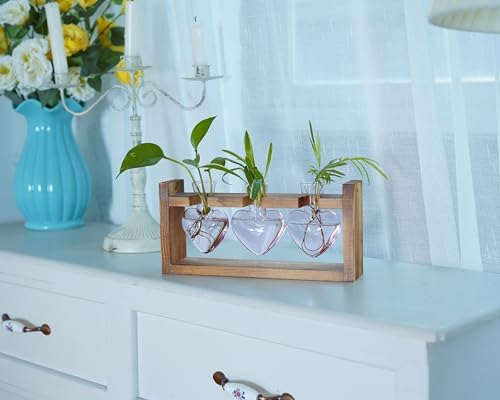 Kingbuy 3-Heart Plant Terrarium Kit with Vintage Wood Stand - Stained Glass Vase Propagation Station, Wall-Mounted & Tabletop Indoor Decor for Home Kitchen Wedding Gift, Light Pink - Image 4