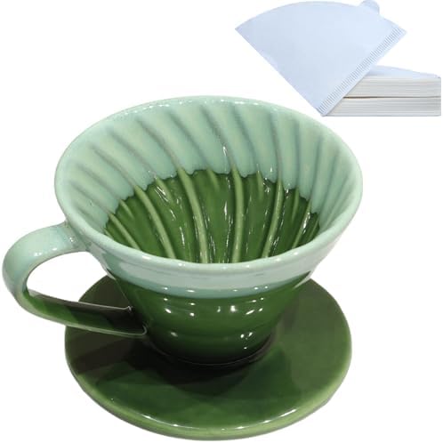 Ceramic Pour Over Coffee Dripper with 50 pcs coffee filters - Portable Drip Coffee Brewer for Travel, Camping, Office or Home - Artisanal Pottery Gift for Enthusiasts by LonMuseum