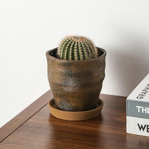 Modern Irregular Ceramic Planter Set of 4, 4 Inch Small Unique Reactive Glaze Flower Pots with Drainage Holes & Saucers - Indoor Outdoor Decorative Succulent Orchid Pots- Brown - Image 6