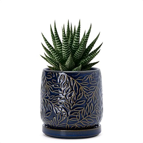 D'vine Dev Embossed Leaves Ceramic Planter, 4 in, Midnight Blue, 27-A-Z-3 by DvineDevPlanterPotsandStand