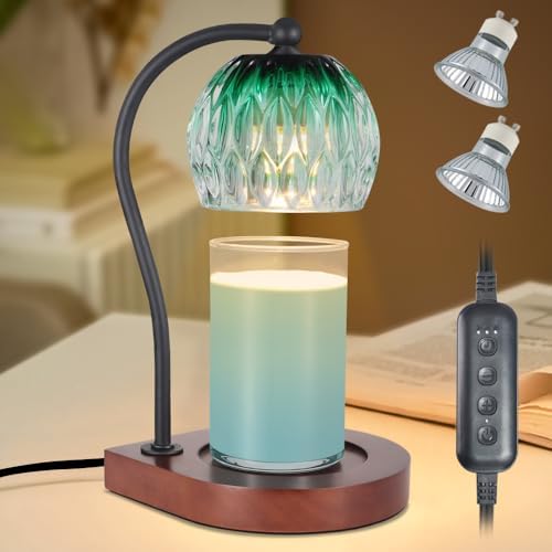 Electric Candle Warmer Lamp with Timer＆Dimmable for Jar Scented Candles, Wax Melting Tabletop Light Suitable as a Home Decor Thanksgiving Christmas Day Gift for Women Mom, with 2 Bulbs(Glass Green) by Copinpin