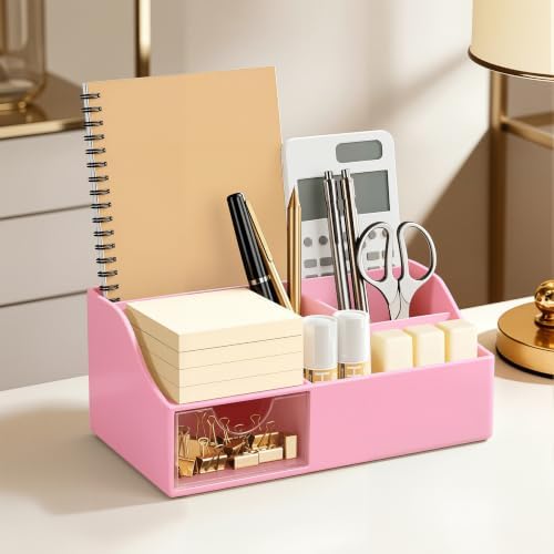 HBlife Acrylic Desk Organizer with Drawer, Pen & Pencil Holder, Multifunctional Desktop Caddy for Office Supply and Organization (Pink) - Image 6
