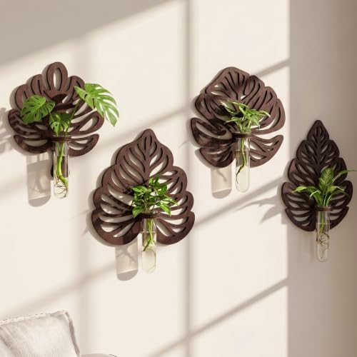 Junkin 4 Sets Wooden Monstera Leaf Wall Mount, Leaf Shaped Hanging Wall Planter Terrarium Propagation Stations for Plants with 4 Glass Tubes for Indoor Cuttings, Vines Houseplant Home Office Decor by Junkin