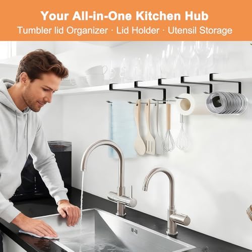 Tumbler Lid Organizer for Cabinet - Under Shelf & Behind Door Lid Holder, No-Drill Kitchen Organizer and Storage, Space Saving Rack Fits 24oz 30oz 40oz Water Bottle Tumbler Lids - Image 7