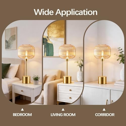 QiMH Glass Table Lamp for Living Room, Modern Bedside Lamp with Champagne Ribbed Glass Shade, 3-Way Dimmable Touch Control Nightstand Lamp for Bedroom, Brushed Gold (2700K LED Bulb Included) - Image 6