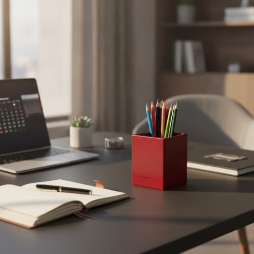 UnionBasic Square Pen Holder, Leather Pencil Cup, Desktop Caddy Stationery Organizer (Burgundy) - Image 2