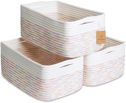 NaturalCozy 13.5”x8.5”x5.5” Rectangle Storage Baskets for Shelves 3 Pack | Cotton Rope Woven Small Baskets for Organizing | Small Storage Bins for Nursery, Bathroom, Closet, Shelf, Decorative by NaturalCozy