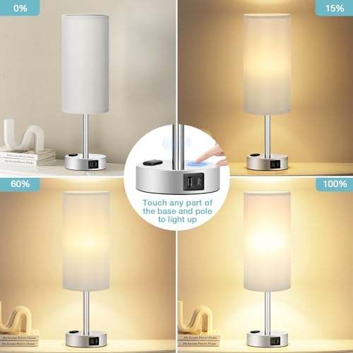 Fenmzee Grey Bedside Lamp for Bedroom, Dimmable Touch, USB A+C, AC Outlet - Image 2
