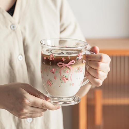 KEMORELA Pink Bow Glass Coffee Mugs Set,Cute Tea Cup with Handle,Gifts - Image 5