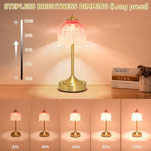 Cordless Table Lamp, Rechargeable Blush Pink Glass Lotus Flower Lamp - Image 5
