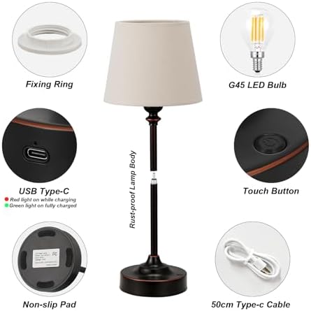 Cordless Table Lamp Rechargeable Bronze - 2 Pack Brass 4000mAH Battery Operated Lamp for Decor, 3000K Stepless Dimming Touch Control Wireless Lamp for Bedroom, Dining Table, Counter, Living Room - Image 2