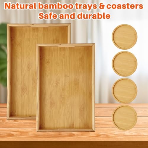 2 Pcs 14 x 9 Inches Bamboo Serving Tray with Handles and 4 Pcs 3.74 Inches Coasters Trays for Serving Food for Breakfast Dinner Coffee Snacks Suitable for Living Room Bedroom Kitchen - Image 4