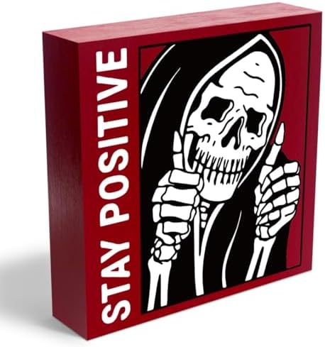 Halloween Decoration Gothic Skull Decor - Stay Positive Skulls Sign for Home Office Desk Accessories - 5 x 5 Inches (Red) by Woght