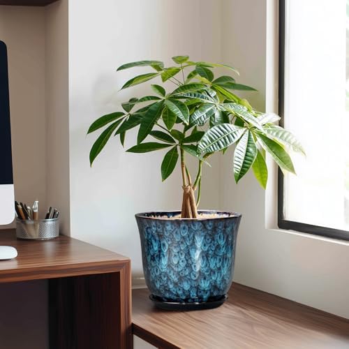 8 Inch Plant Pot - Ceramic Planter for Indoor Outdoor, Round Planter with Drainage Hole and Saucer, Modern Planters, Flower Pots, Apartment Porch Room Home Decor, Gardening Gifts, Blue - Image 3