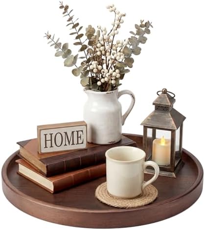 Round Bamboo Tray, 12 Inch Decorative Serving Tray with Walnut Finish Coffee Table Tray, Natural Bamboo Ottoman Tray for Vanity, Snacks, Vanity, Entryway & Home Decor by Unknown