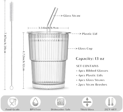 INSETLAN 13oz Glass Tumbler with Lid and Straw 4 Pack - Ribbed Glass Cup Iced Coffee Glasses, Clear Leakproof Tumbler Cup for Smoothies, Iced Latte,Matcha, Cold Drinks - Image 3