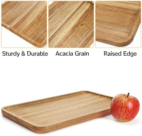 YOUEON Set of 2 Acacia Wood Serving Tray with Raised Edge, 14.2 x 9.5 Inch Rectangular Serving Tray, Appetizer Cheese Plate, Sandwich Dessert Trays, Wood Plates for Food, Coffee, Fruit, Cookie - Image 3