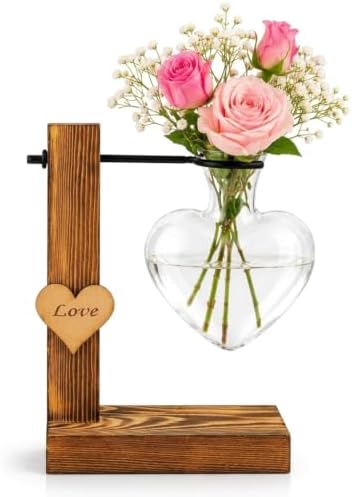 Heart-Shaped Glass Propagation Station with Dark Wood Stand, 1 by CONGARTENO