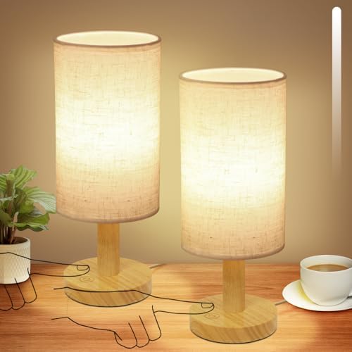 Small Touch Table Lamps Set of 2 with Stepless Dimming&USB Plug, Natural Round Wood Base & Linen Fabric Shade |Soft Ambient Night Light |Minimalist Boho Bedside Lamp for Bedroom,Nursery,Kitchen,Dorm by UCHENTON