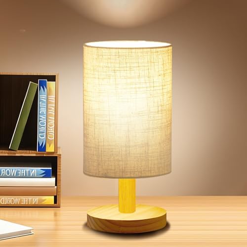Small Table Lamp for Bedroom - Inline Control, Bedside Lamp for Warm Light LED Desk Lamp, Wood Base Round Flaxen Fabric Shade for Kids Room, Living Room, College Dorm, Home, Office by Unknown