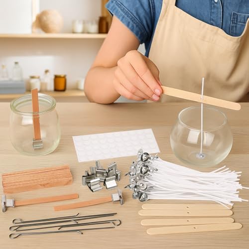 Candle Making Supplies Kit - Natural Cotton & Wooden Wicks with Stickers, Sustainers, Holders for Soy Wax, Beeswax, Coconut Wax DIY Candle Making Supplies (Pack of 6) - Image 3