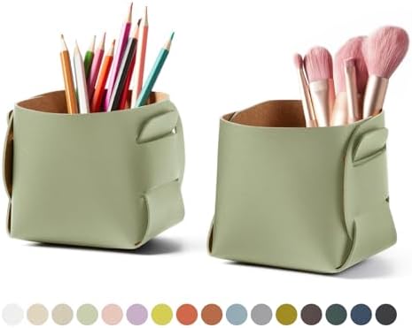 HOMIEAZICOZI 2-Pack Cork Leather Desk Accessories Storage - Pencil Pen Holder - Makeup Brush Holder Organizer - Stylish Addition to Home Decor (Light Green) by HOMIEAZICOZI