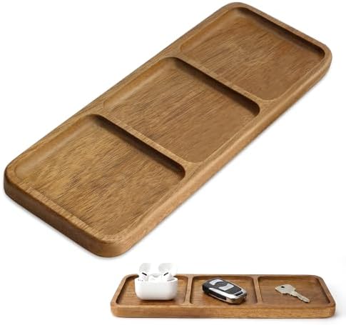 Small Wooden Tray | Acacia Wood Tray for Vanity, Bathroom Counter, Coffee Table & Toilet | Perfect for Jewelry, Key & Catch All | Mini Charcuterie Board Serving Platter (Rectangular 3-Compartment) by Unknown