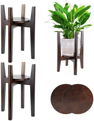 2 Packs Adjustable Plant Stand with Tray,Indoor Wood Plant Stand Fit 8'' to 12'' Planter,Mid Century Modern Flower Pot Holder Rack(Plant and Pot Not Included) Walnut by ZIOZERTT