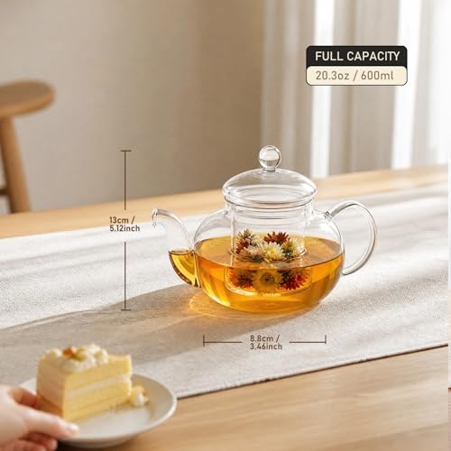 600ml (20.3oz) Borosilicate Glass Teapot with Removable Glass Infuser, Stovetop Safe Clear Tea Kettle for Blooming Tea & Loose Leaf Tea - Image 2