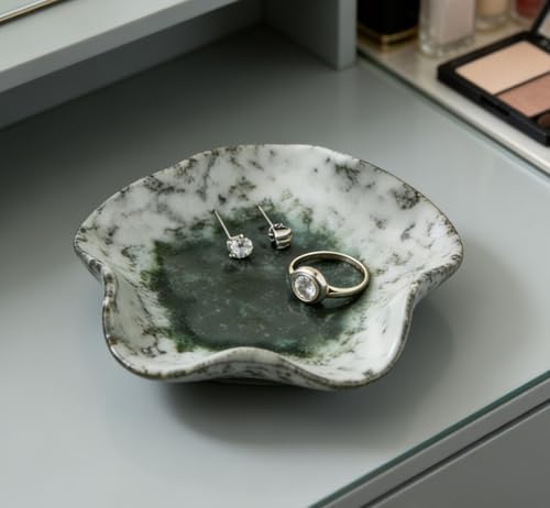 Ceramic Jewelry Tray, Decorative Trinket Dish for Rings, Earrings, Necklaces, Bracelets, Watch & Keys, Birthday, Mother's Day & for Women, 5.3 Inch, Moss Frost - Image 5
