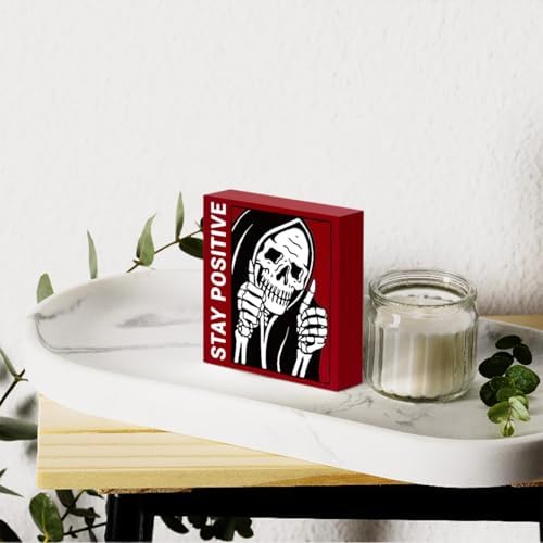 Halloween Decoration Gothic Skull Decor - Stay Positive Skulls Sign for Home Office Desk Accessories - 5 x 5 Inches (Red) - Image 5