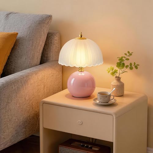 PARTPHONER Mushroom Table Lamp, Ceramic Bedside Lamp with Glass Shade, 3-Way Lighting (2700K-5000K) Rocker Switch, Small Nightstand Lamp for Bedroom, Living Room, Office, Pink - Image 6