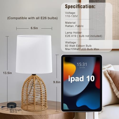 EJIAXIN Rattan Lamp Boho Lamps Set of 2-13.75" Mini Farmhouse Table Lamp Rustic End Table Decorative Small Lamps for Small Spaces Bedroom Nightstand Living Room Reading Desk Side Table Lamp - Image 2