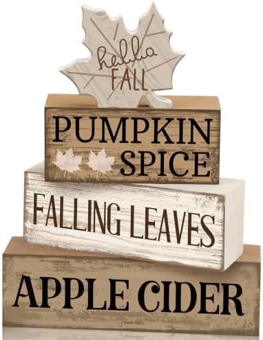 Moucuny 4 Pcs Neutral Fall Table Decor for Home Maple Leaf Wooden Blocks by Moucuny